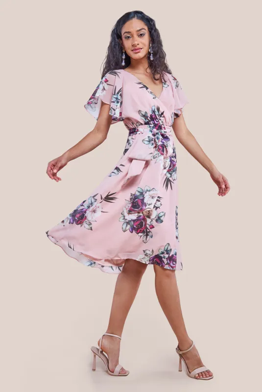 Goddiva Sustainable Floral Print Midi Wrap Dress With Butterfly Sleeves - Peach sold by Goddiva