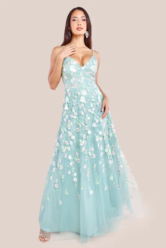 Sleeveless Floral Mesh Maxi Dress - Sage Green by Goddiva sold by Goddiva