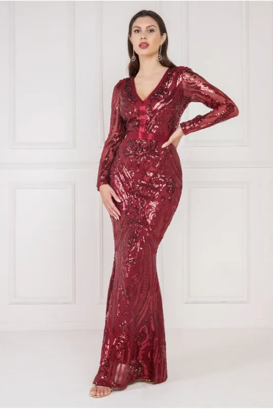 Goddiva Embroidered Sequin Maxi Dress - Wine sold by Goddiva