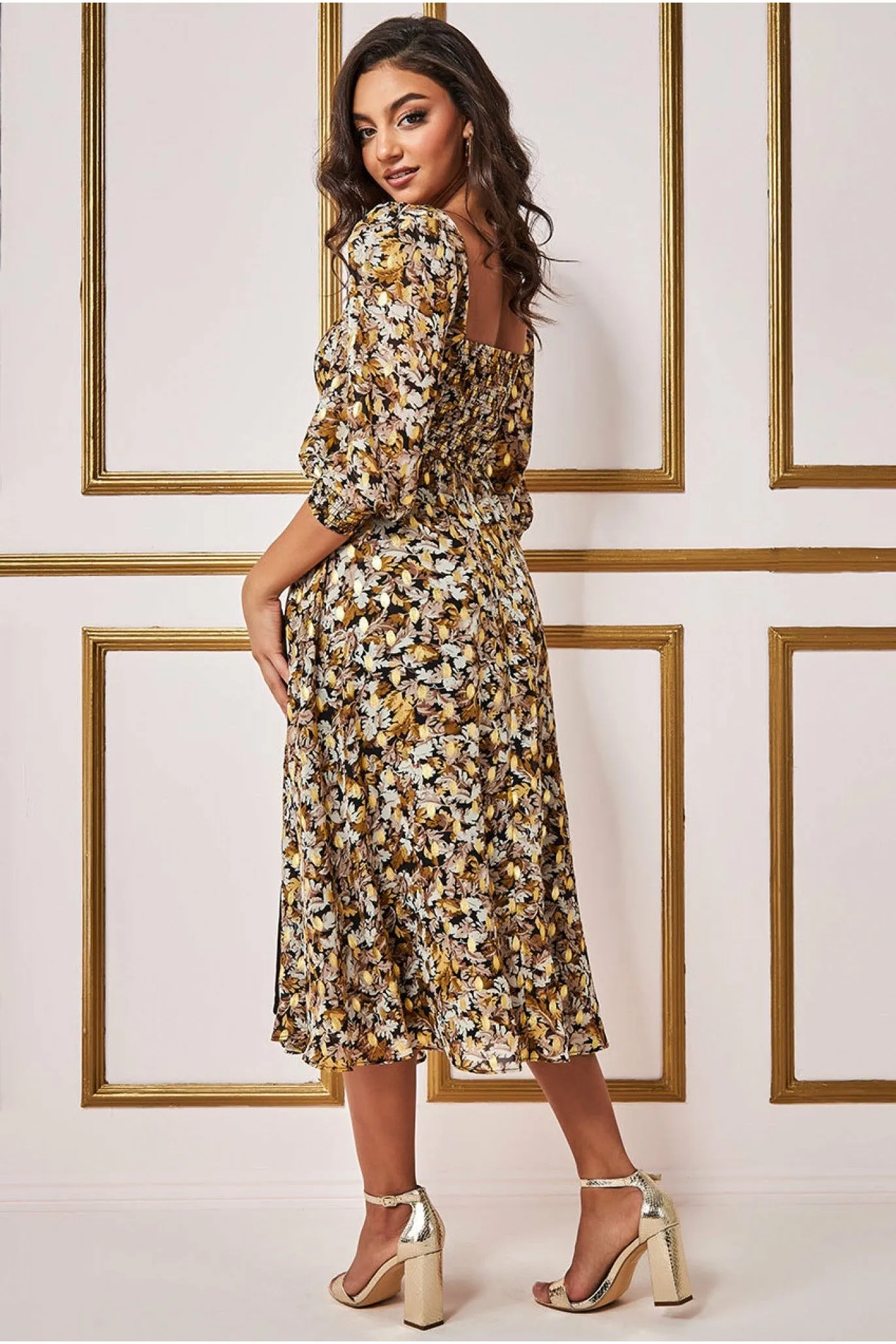 Goddiva Leaf Print Shirred Back Midi Dress - Leaf Print sold by Goddiva product image thumbnail 2