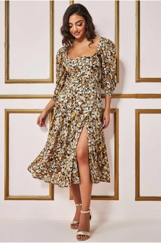 Goddiva Leaf Print Shirred Back Midi Dress - Leaf Print sold by Goddiva