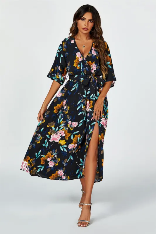 FS Collection Floral Print Wrap Top Kimono Sleeve Split Maxi Dress In Black sold by Goddiva