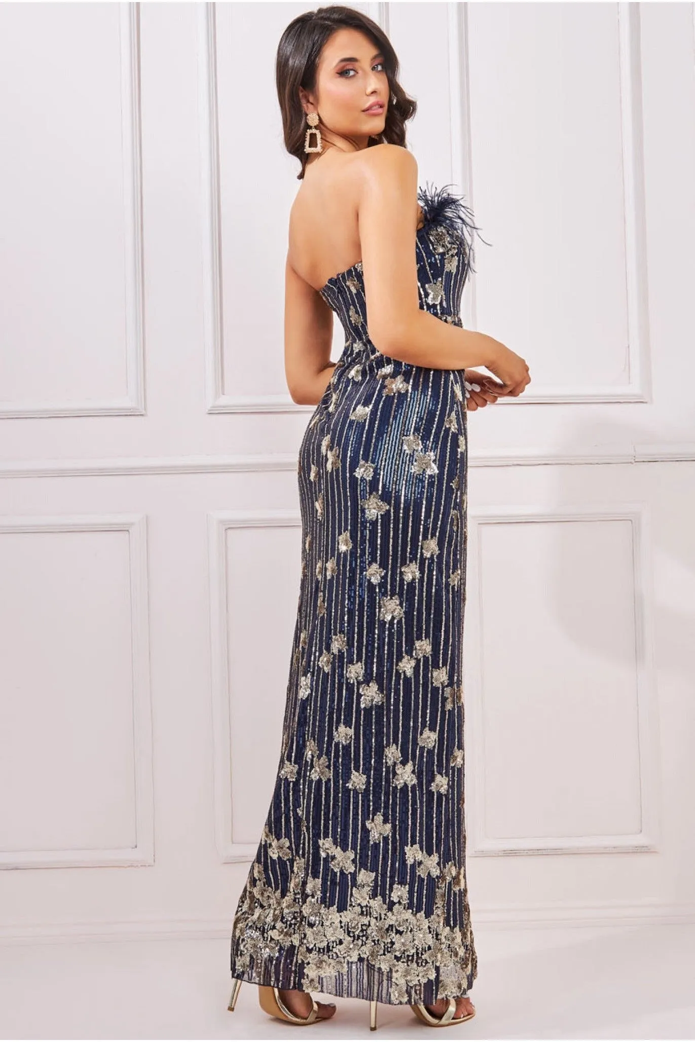 Sequin And Feather Boobtube Maxi - Navy by Goddiva sold by Goddiva product image thumbnail 2