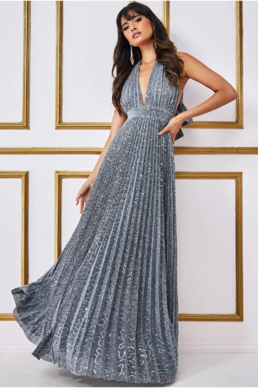 Plunge Halterneck Sequin Lurex Maxi - Silver by Goddiva sold by Goddiva