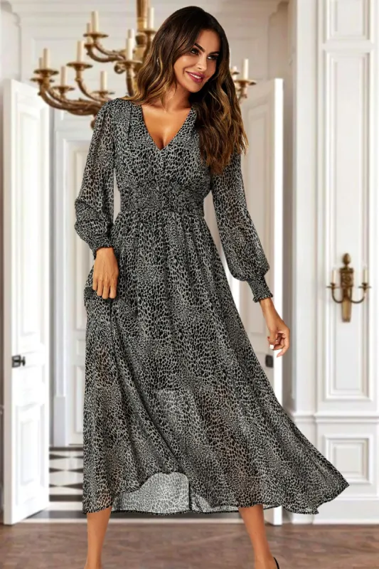Leopard Print Long Sleeve Maxi Dress In Grey by FS Collection sold by Goddiva
