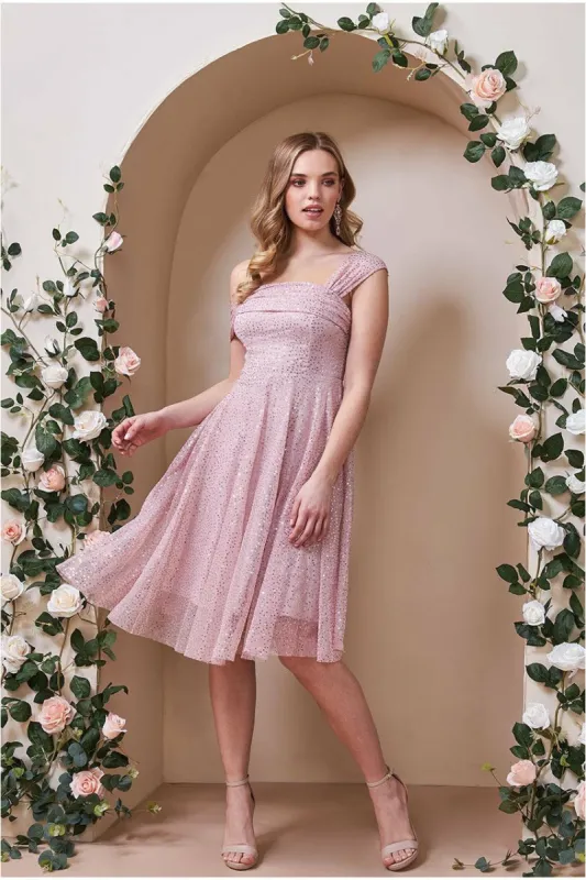 Goddiva One Shoulder Bardot Sequin & Mesh Midi Dress - Blush made by Goddiva
