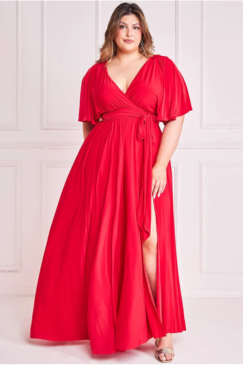 Goddiva Plus Wrap Front Maxi With Flutter Sleeves - Red sold by Goddiva