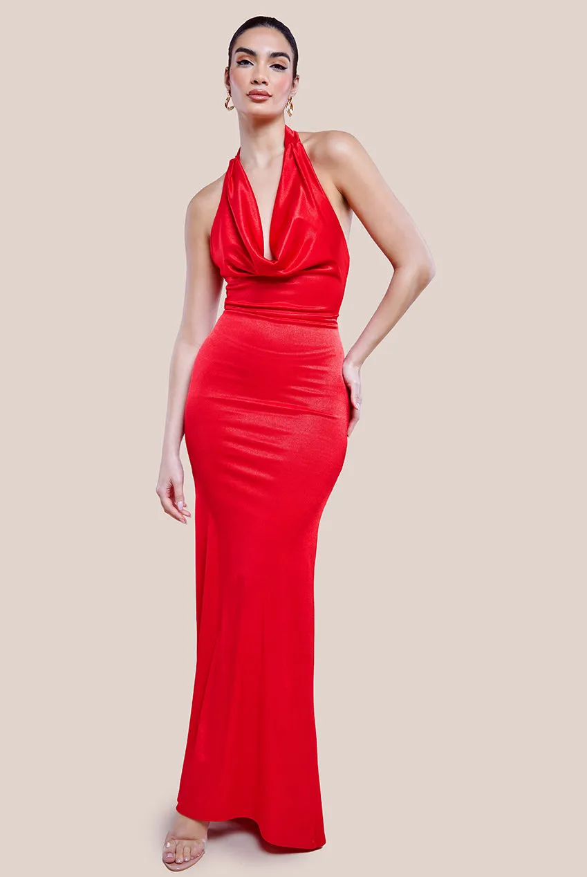 Halter Cowl Neck Back Maxi Dress - Red by Goddiva sold by Goddiva