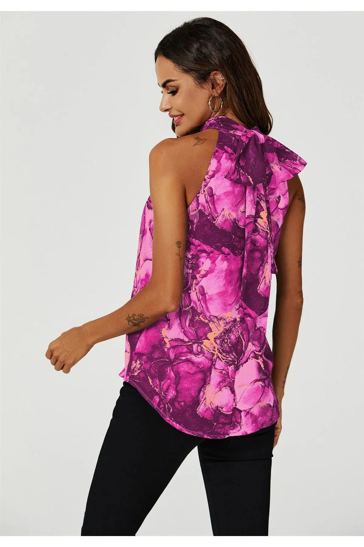 Marble Print Halter Neck Tie Back Top In Fuchsia Pink by FS Collection sold by Goddiva product image thumbnail 4