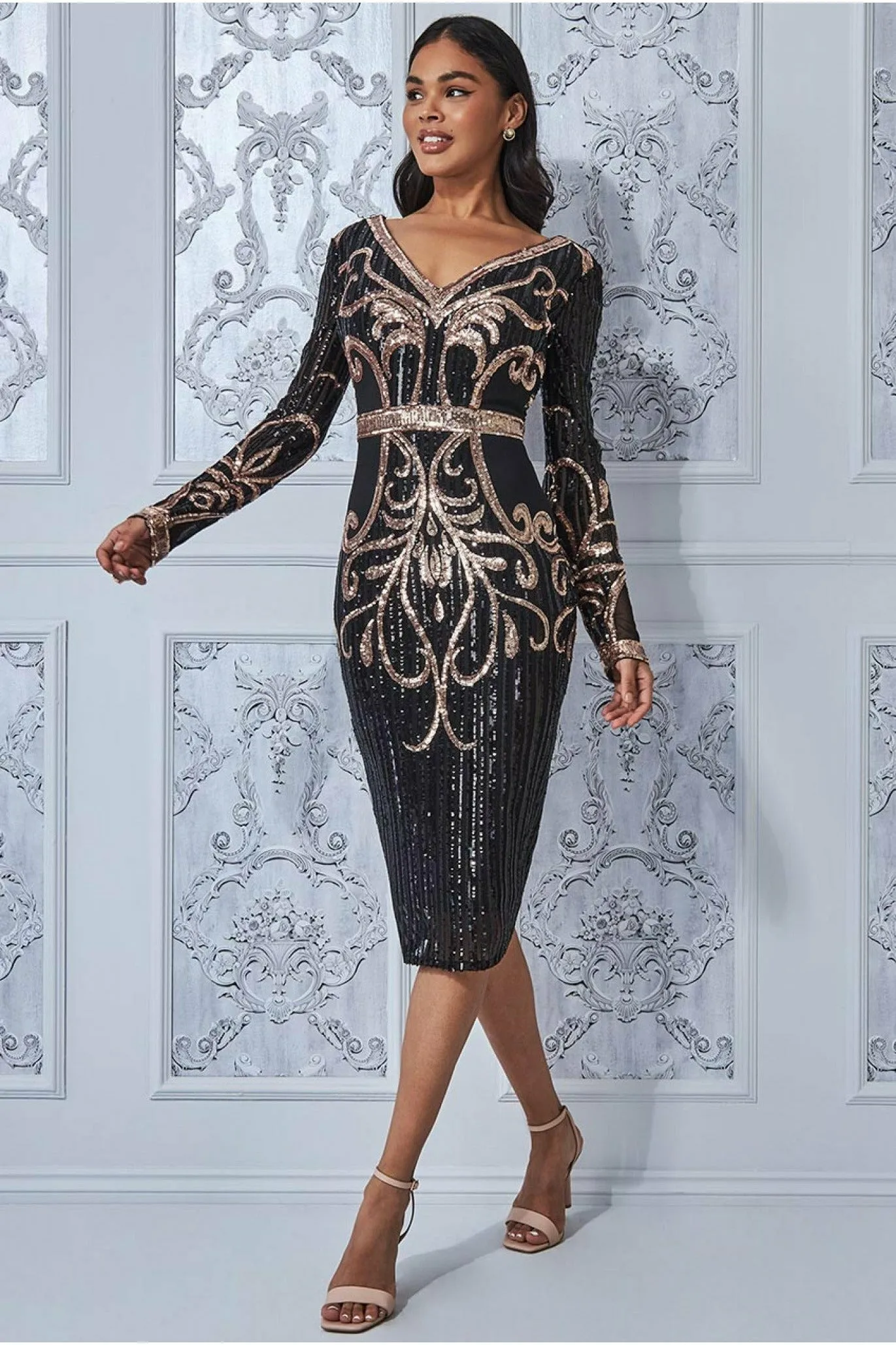 Sequin & Mesh Embroidered Midi Dress - Black by Goddiva sold by Goddiva product image thumbnail 3