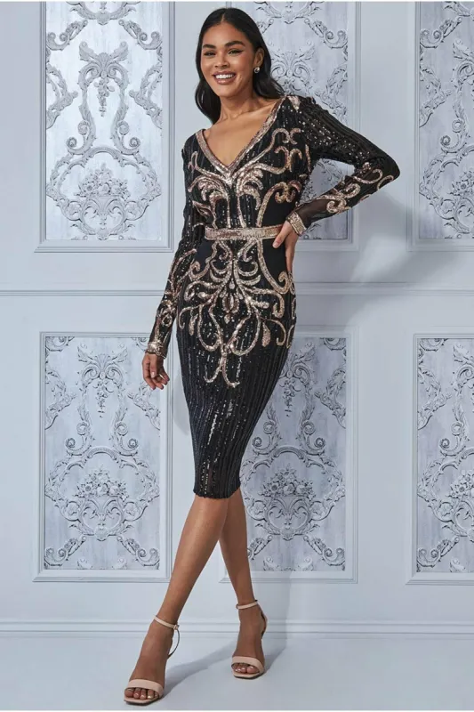 Goddiva Sequin & Mesh Embroidered Midi Dress - Black sold by Goddiva