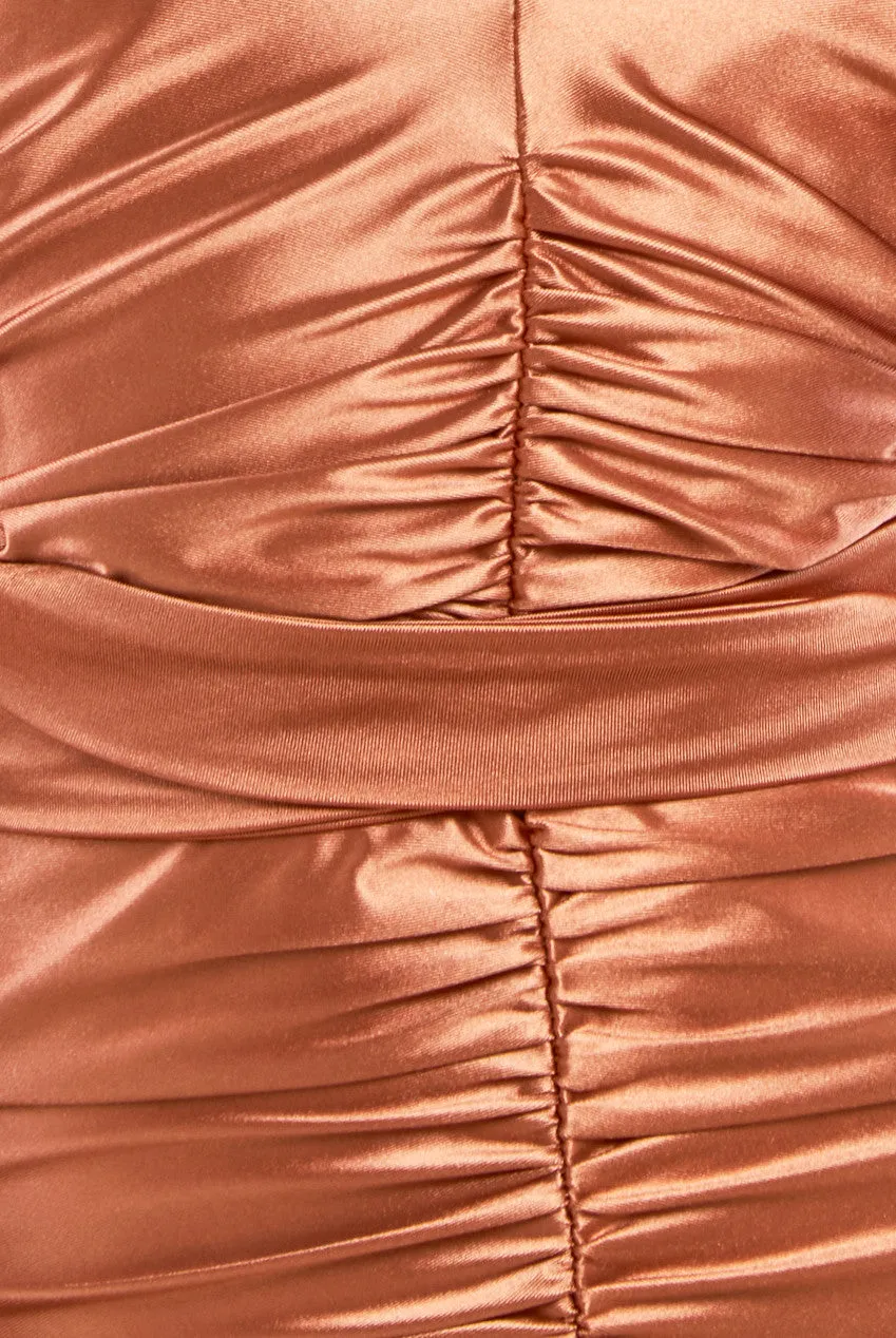 Goddiva Multi-Tied Satin Gathered Ring Maxi Dress - Bronze sold by Goddiva product image thumbnail 4