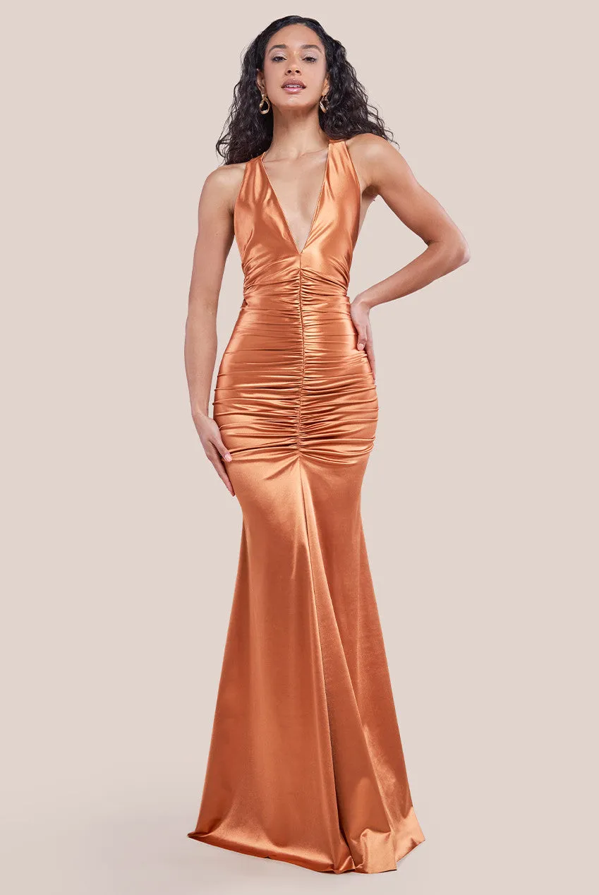 Goddiva Multi-Tied Satin Gathered Ring Maxi Dress - Bronze sold by Goddiva