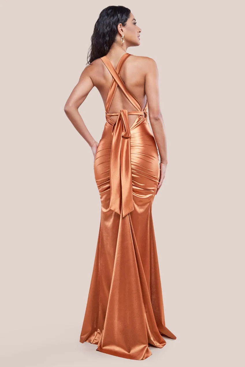 Goddiva Multi-Tied Satin Gathered Ring Maxi Dress - Bronze sold by Goddiva product image thumbnail 2