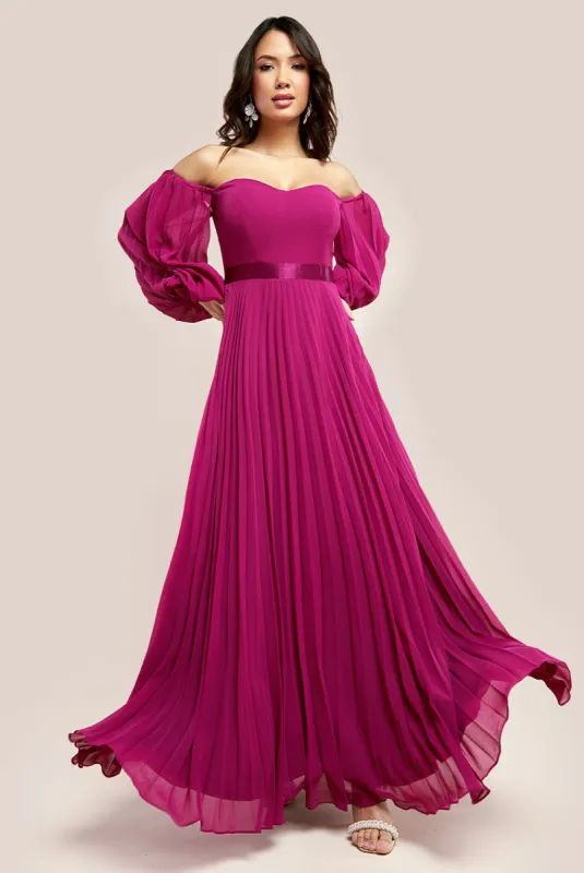 Goddiva Bardot Chiffon Pleated Maxi - Magenta sold by Goddiva