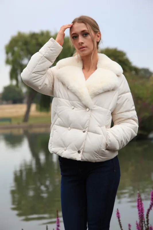 Ecru Lux Fur Collar Puffer Coat by Double Second sold by Goddiva