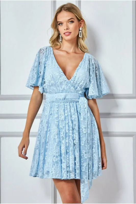 Lace Kimono Wrap Skater Mini Dress - Powder Blue by Goddiva sold by Goddiva