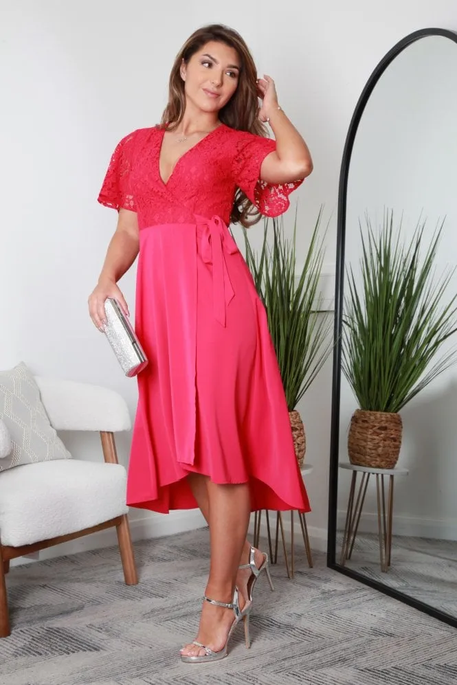 Angel Sleeve Lace High Low Hem True Wrap Dress by Double Second sold by Goddiva product image thumbnail 4