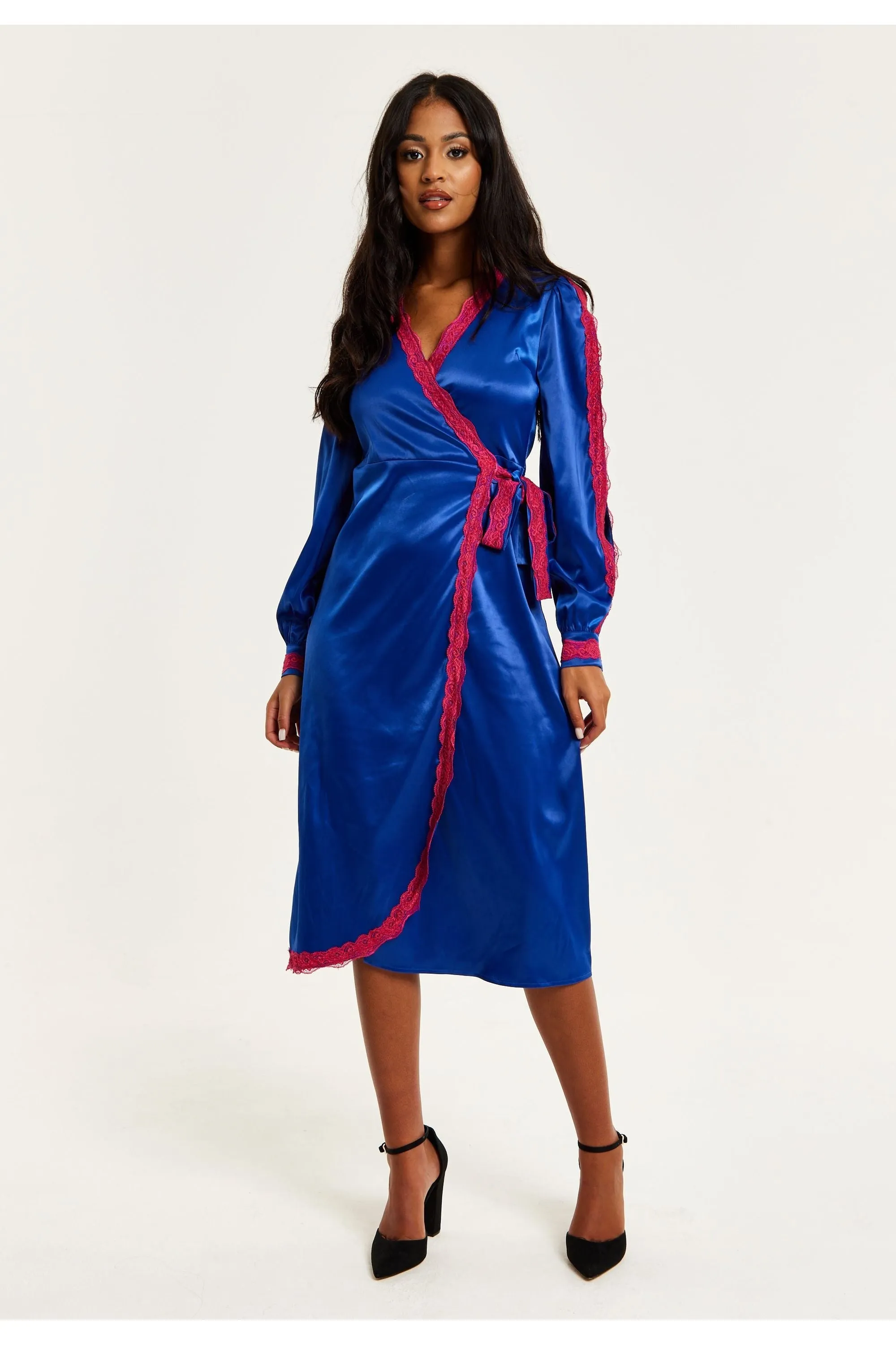 Royal Blue Satin Midi Wrap Dress With Lace Details And Sleeve Slits by Liquorish sold by Goddiva product image thumbnail 4