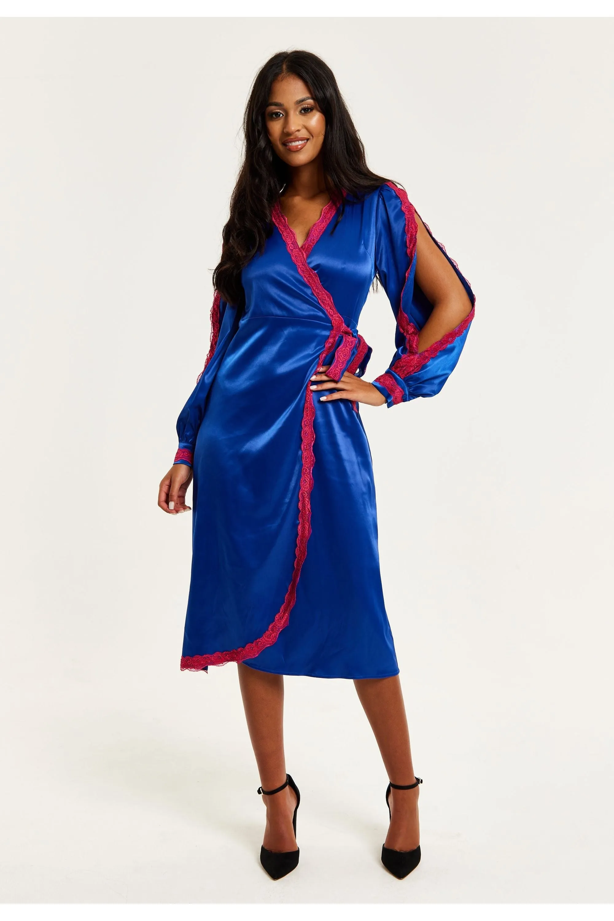 Royal Blue Satin Midi Wrap Dress With Lace Details And Sleeve Slits by Liquorish sold by Goddiva