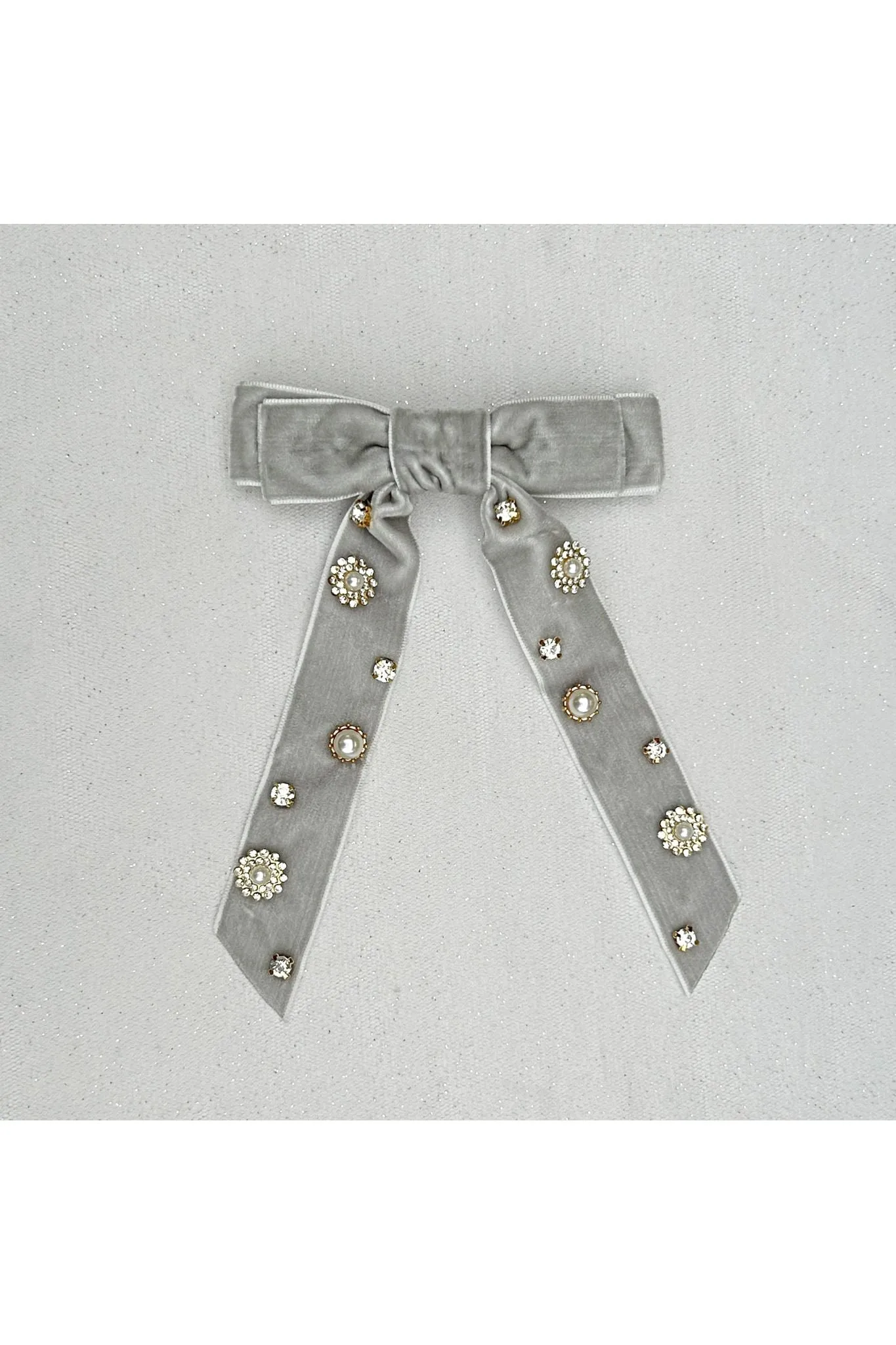 Velvet Bow Hair Clip In Grey With Jewels by QueenMee Accessories sold by Goddiva