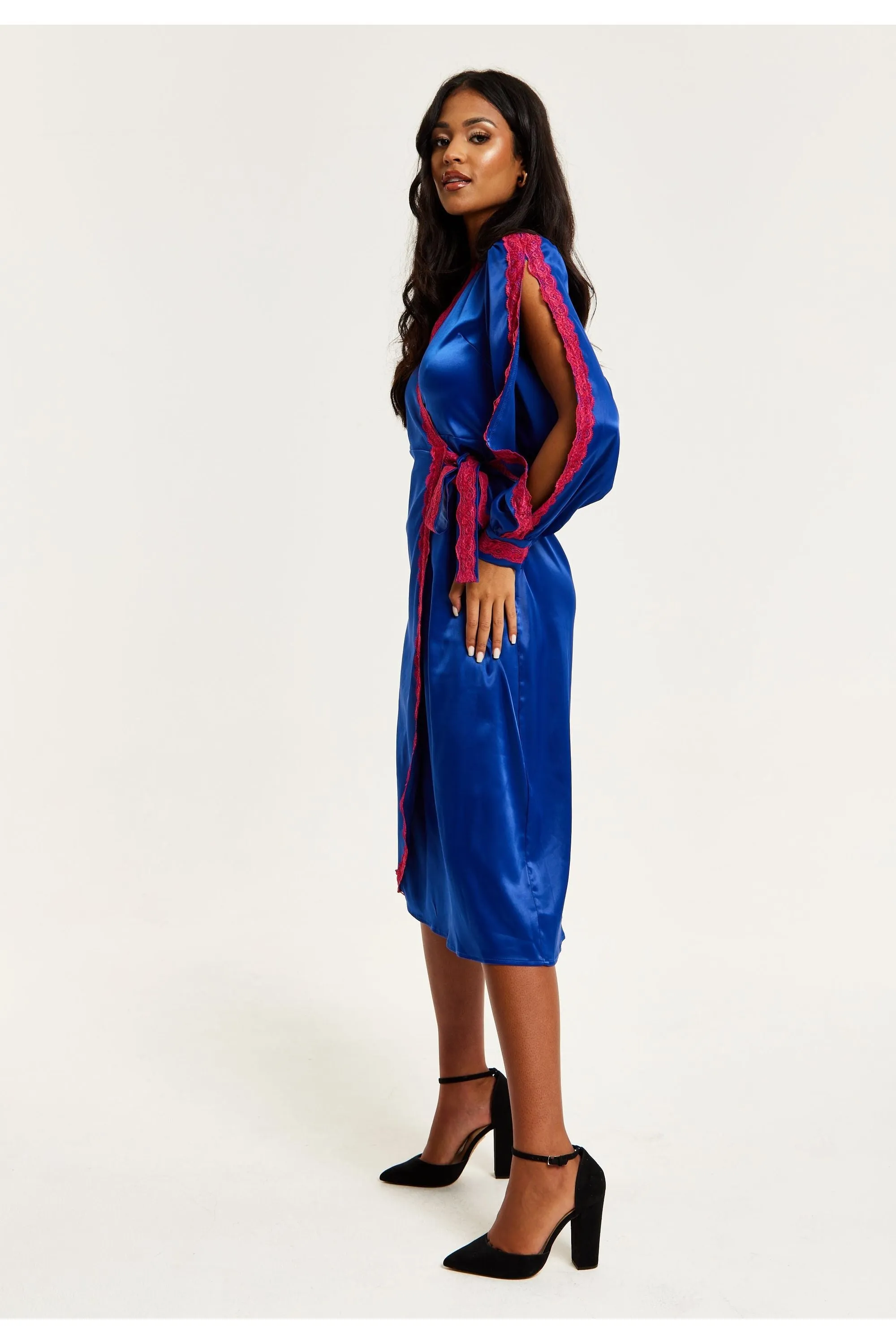 Royal Blue Satin Midi Wrap Dress With Lace Details And Sleeve Slits by Liquorish sold by Goddiva product image thumbnail 5