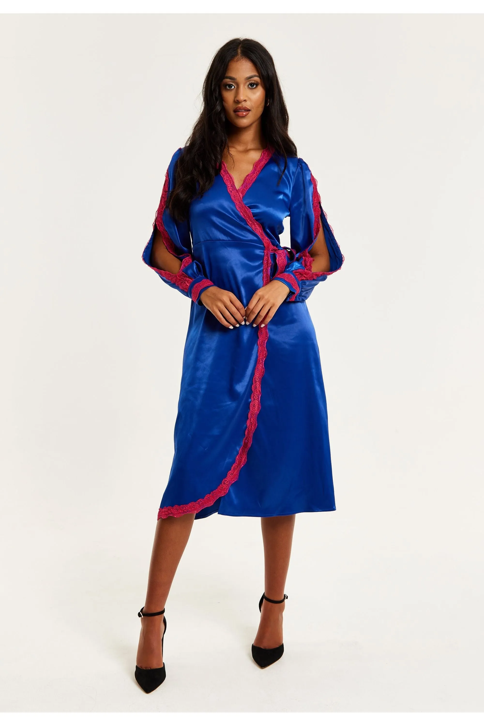 Royal Blue Satin Midi Wrap Dress With Lace Details And Sleeve Slits by Liquorish sold by Goddiva product image thumbnail 2