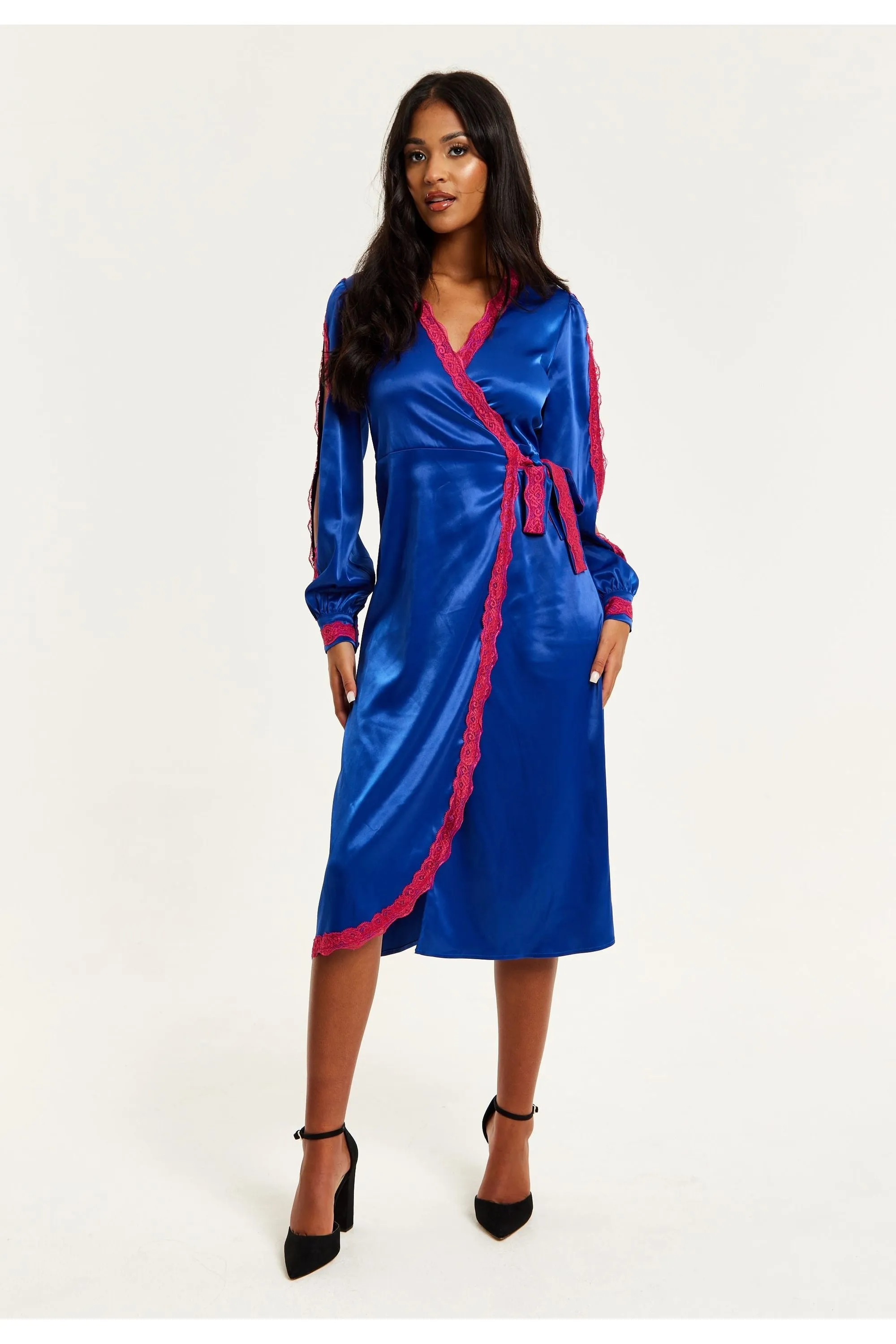 Royal Blue Satin Midi Wrap Dress With Lace Details And Sleeve Slits by Liquorish sold by Goddiva product image thumbnail 3