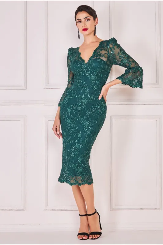 Sequin Scallop Lace Midi Dress - Emerald Green by Goddiva sold by Goddiva