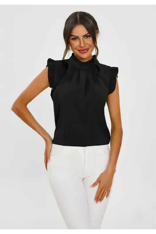 Frill Trim Sleeve High Neck Blouse Top In Black by FS Collection sold by Goddiva