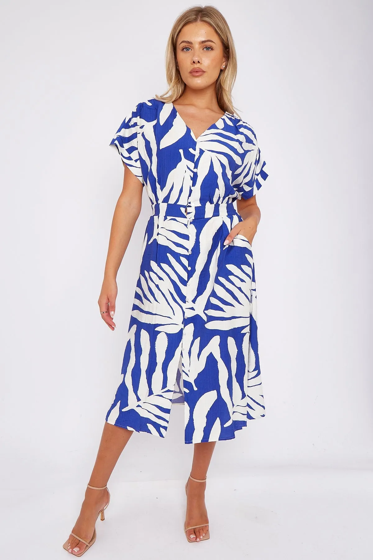 Blue Leaf Print Short Sleeve V Neck Midi Dress by LOVE SUNSHINE sold by Goddiva product image thumbnail 3