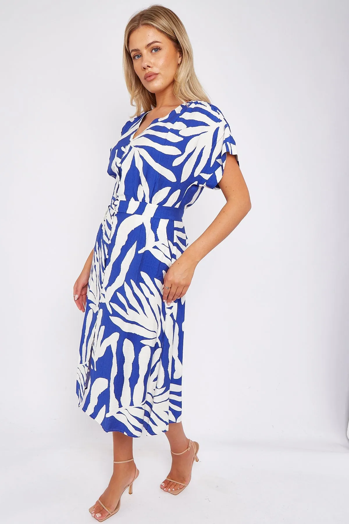 Blue Leaf Print Short Sleeve V Neck Midi Dress by LOVE SUNSHINE sold by Goddiva product image thumbnail 4