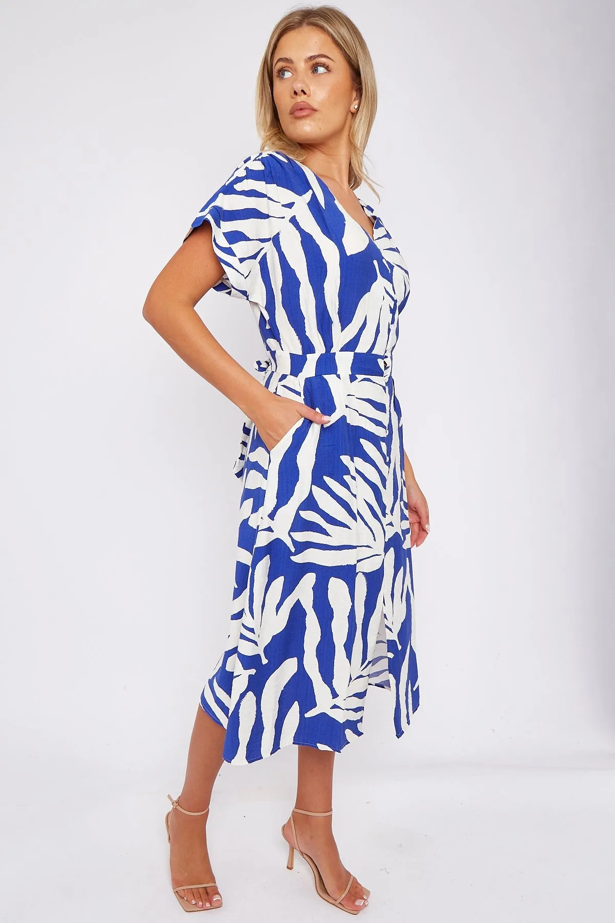 Blue Leaf Print Short Sleeve V Neck Midi Dress by LOVE SUNSHINE sold by Goddiva product image thumbnail 5