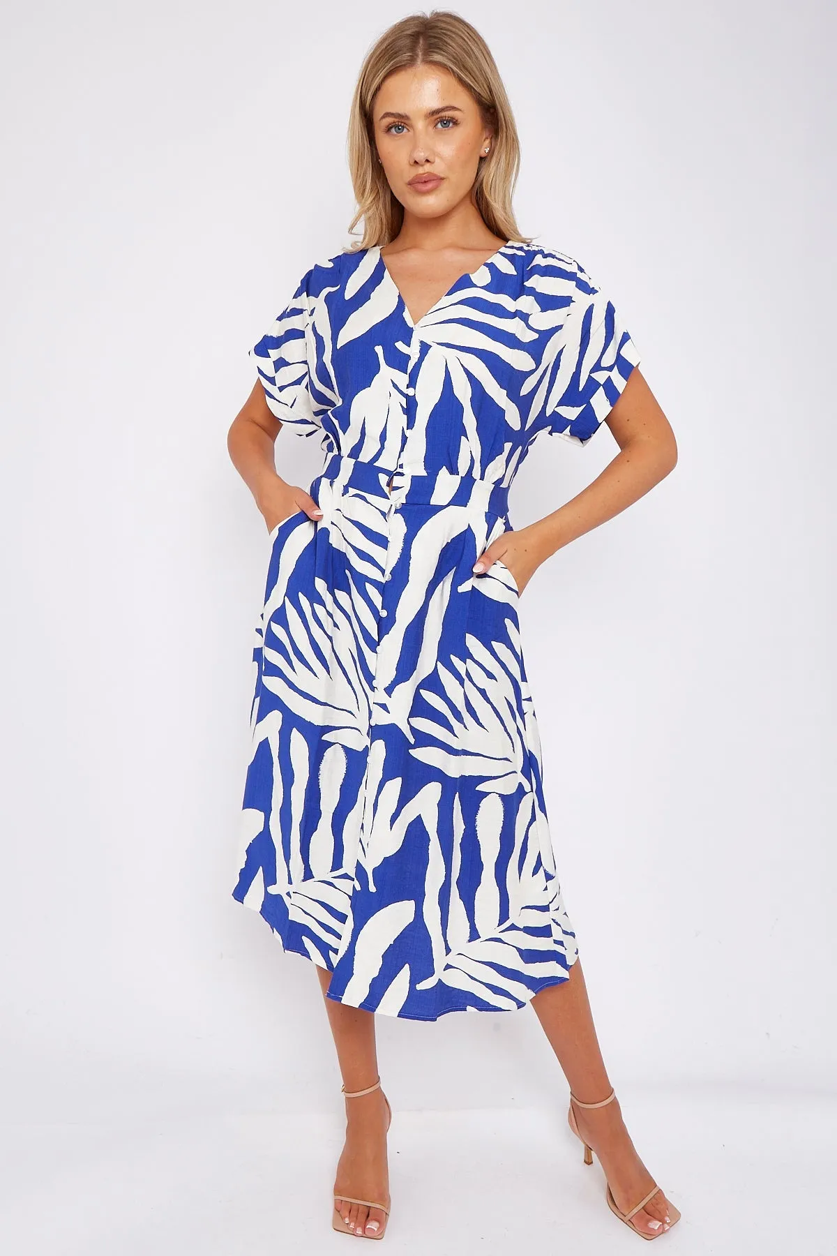 Blue Leaf Print Short Sleeve V Neck Midi Dress by LOVE SUNSHINE sold by Goddiva product image thumbnail 2