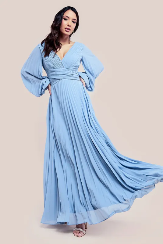 Balloon Sleeve Chiffon Maxi Dress - Dusky Blue by Goddiva sold by Goddiva