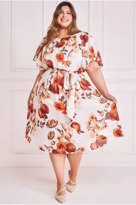 Wrap Back Flutter Sleeve Midi Dress - Beige by Goddiva Plus sold by Goddiva