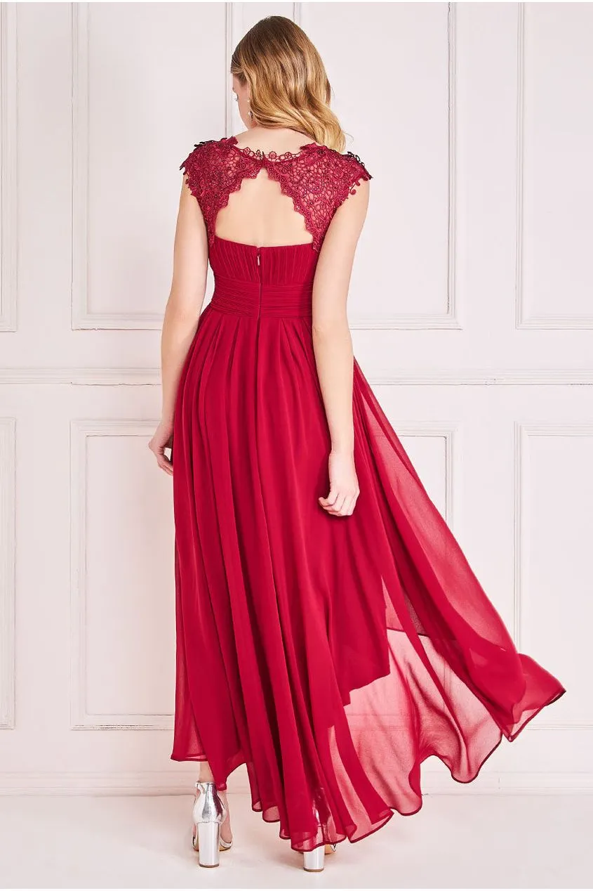 Crochet & Pleated Top High Low Maxi - Burgundy by Goddiva sold by Goddiva product image thumbnail 2