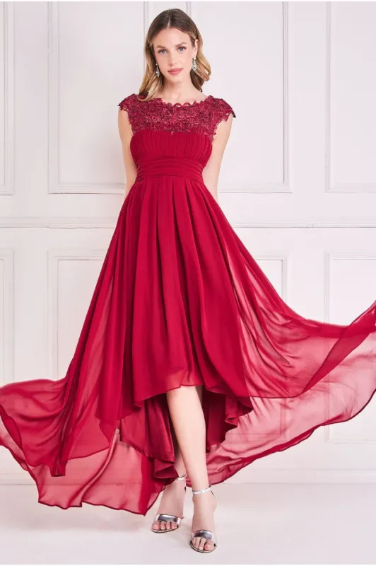 Crochet & Pleated Top High Low Maxi - Burgundy by Goddiva sold by Goddiva