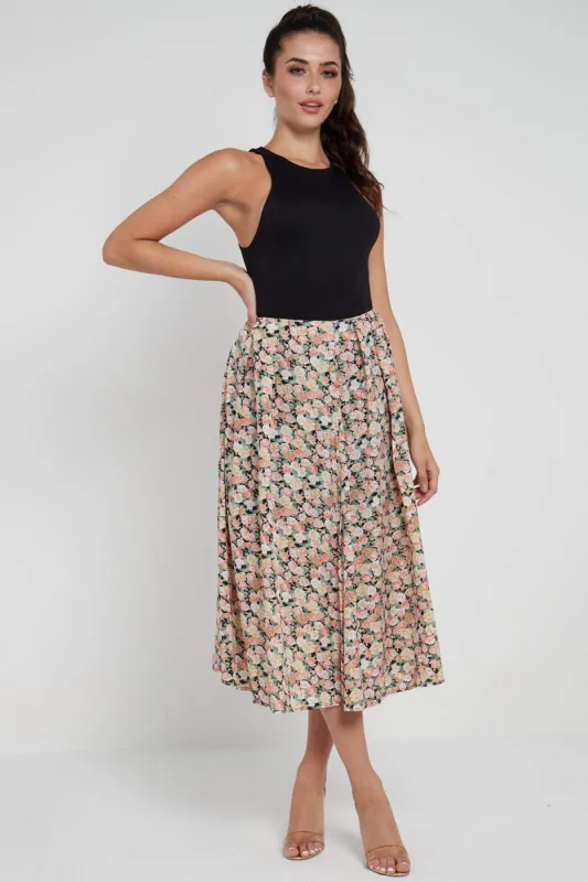 LOVE SUNSHINE Rose Floral Printed Side Slit Pleated Midi Skirt sold by Goddiva