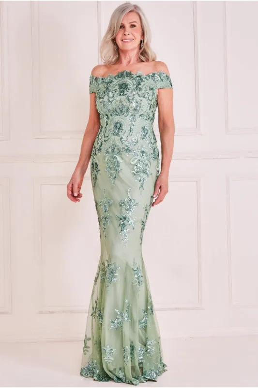 Goddiva Sequin Embroidered Bardot Maxi sold by Goddiva