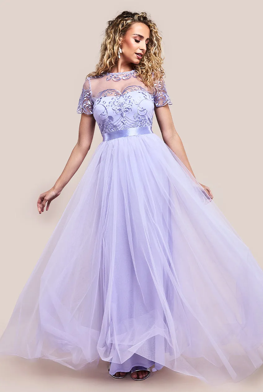 Embroidered Mesh Maxi Dress - Lilac by Goddiva sold by Goddiva