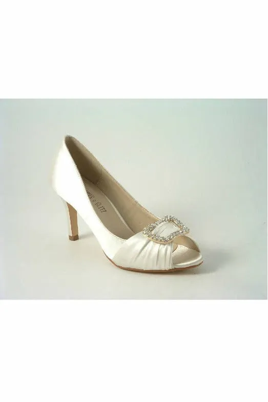 Glitz Shoes Diamante Ivory Satin Mid Heel Peep Toe Shoe sold by Goddiva