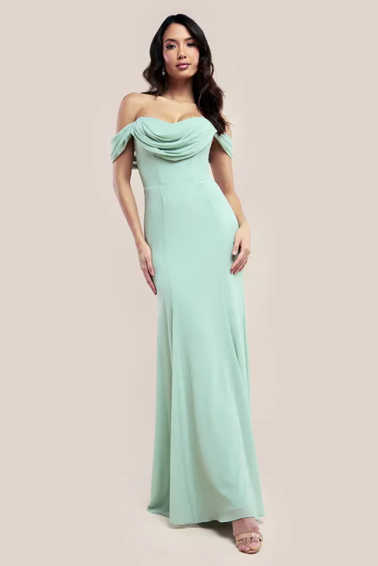 Chiffon Bardot Cowl Neck Maxi Dress - Sage Green by Goddiva sold by Goddiva