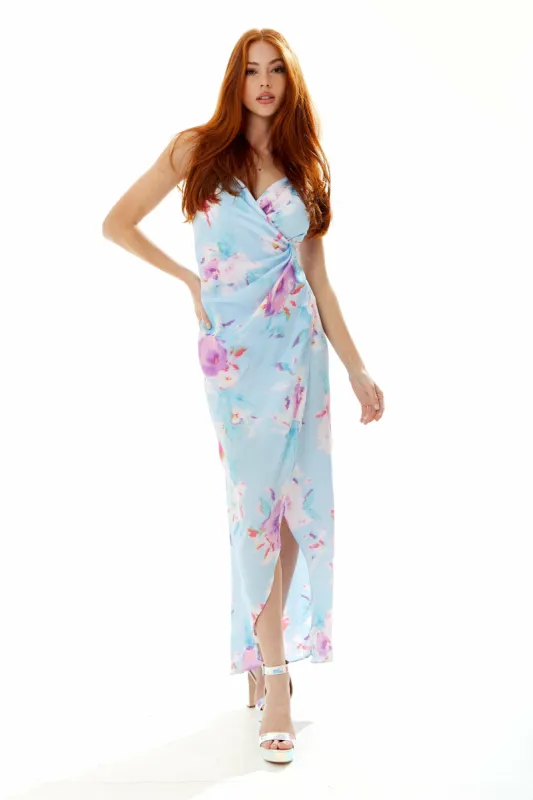 Floral Print Maxi Wrap Dress In Blue by Liquorish sold by Goddiva