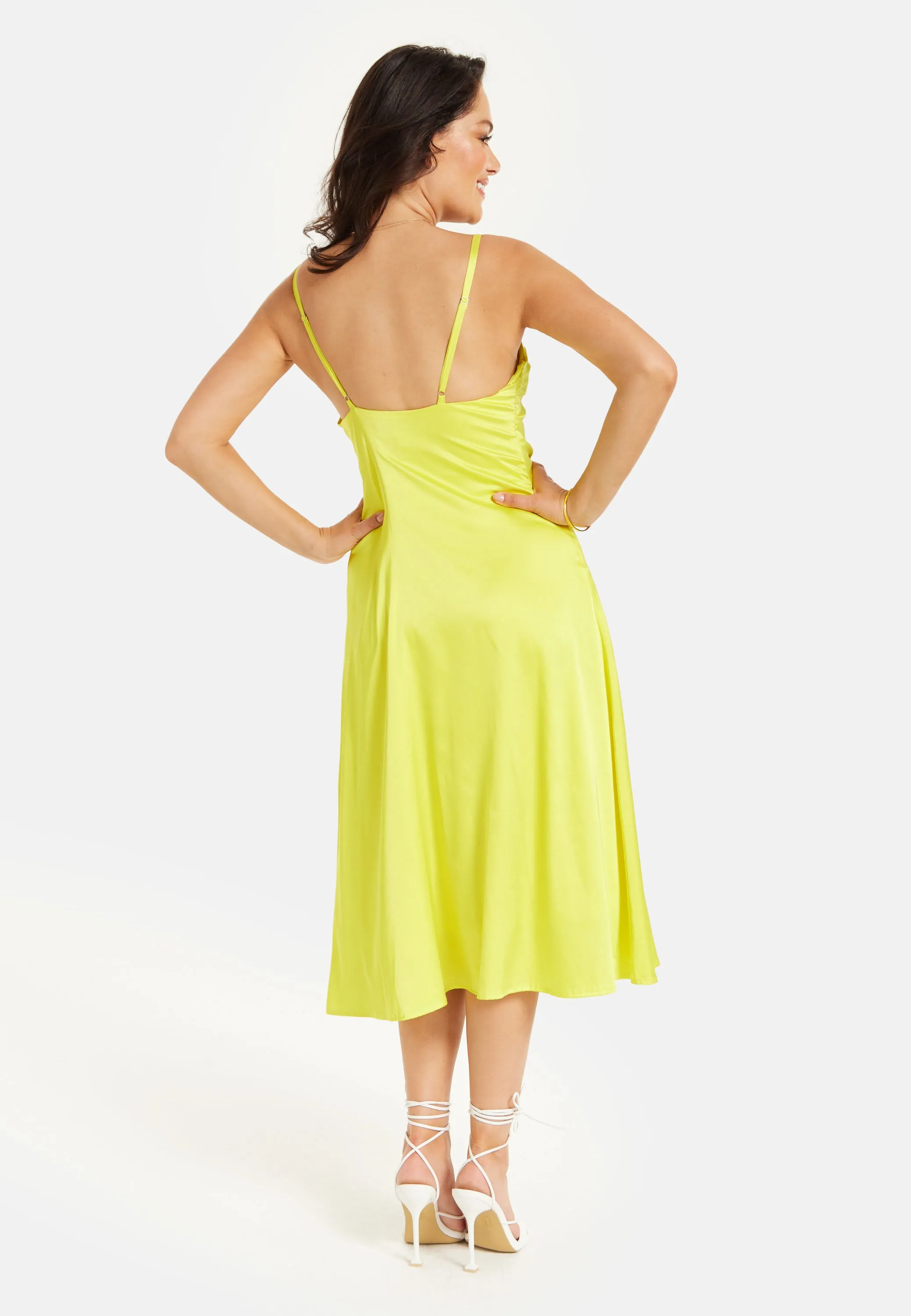 Yellow Satin Midi Dress With Spaghetti Straps by Liquorish sold by Goddiva product image thumbnail 4