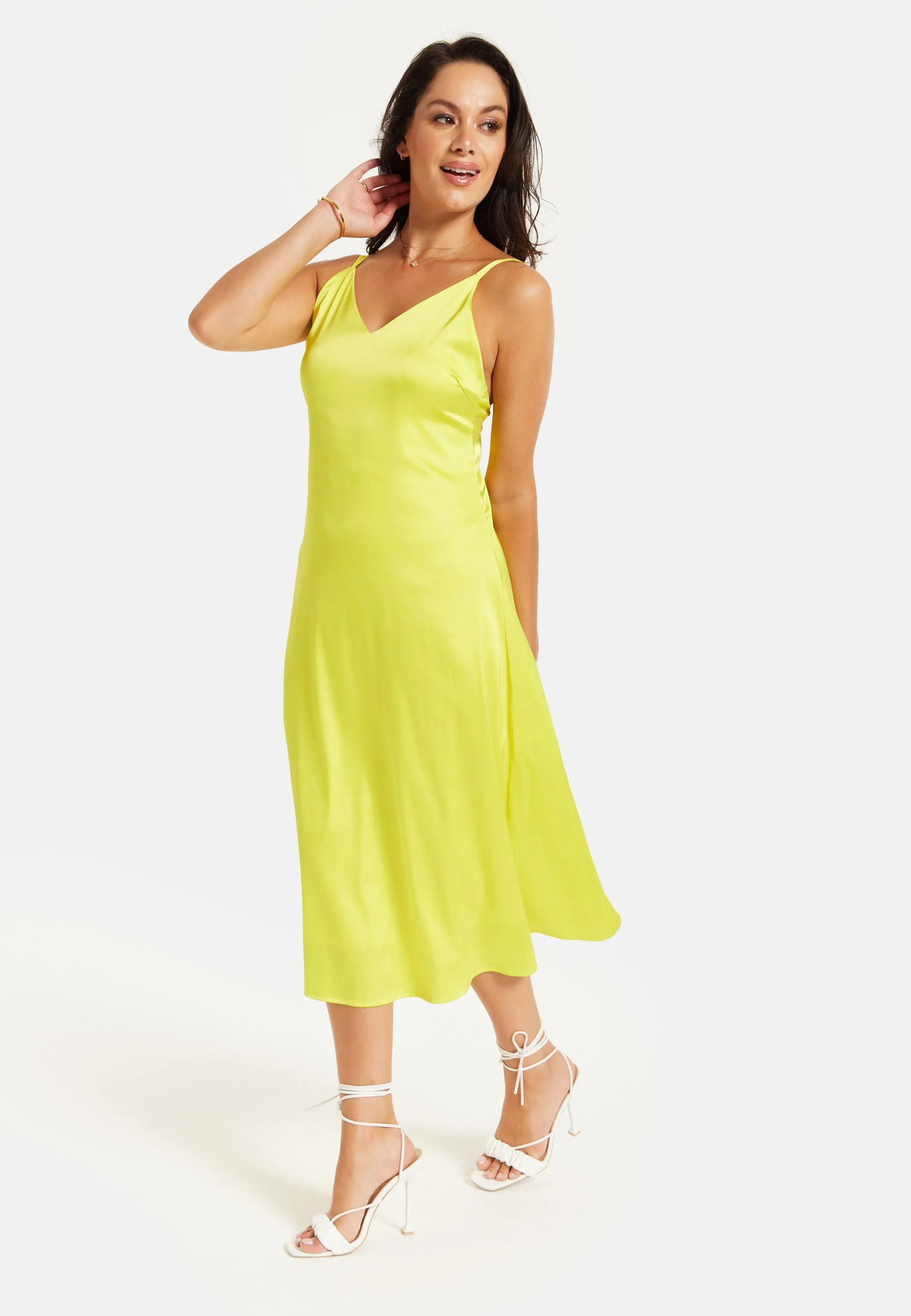 Yellow Satin Midi Dress With Spaghetti Straps by Liquorish sold by Goddiva product image thumbnail 2