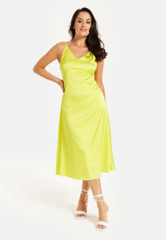 Yellow Satin Midi Dress With Spaghetti Straps by Liquorish sold by Goddiva