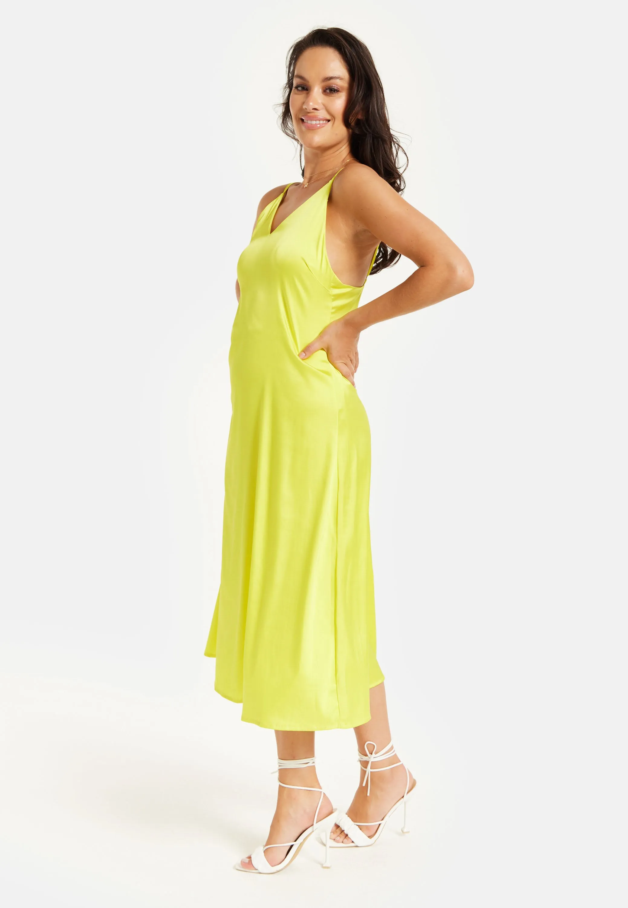 Yellow Satin Midi Dress With Spaghetti Straps by Liquorish sold by Goddiva product image thumbnail 3