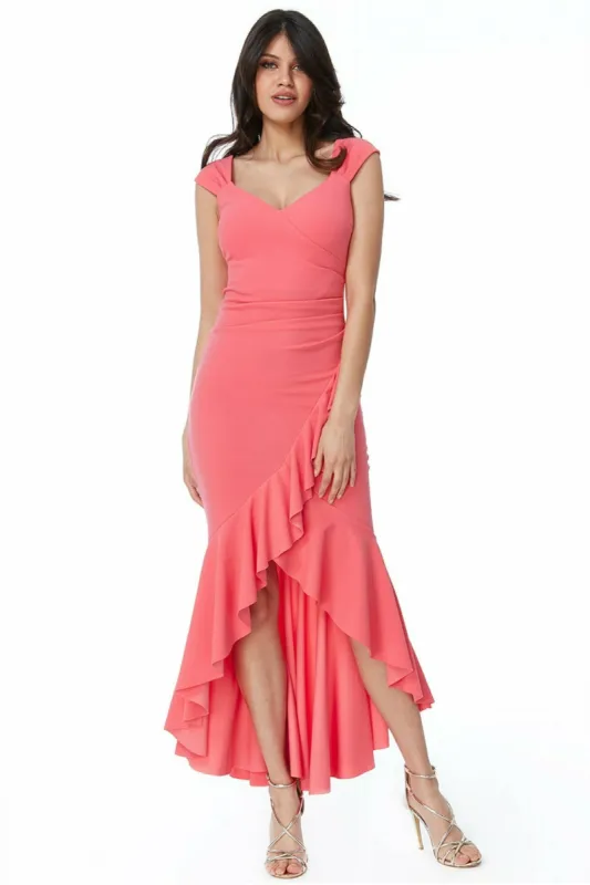 Goddiva High Low Frill Hem Maxi Dress - Coral sold by Goddiva