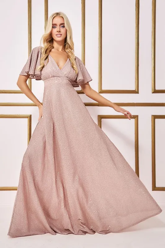 Goddiva Sequin Lurex Flutter Sleeve Maxi Dress - Champagne sold by Goddiva